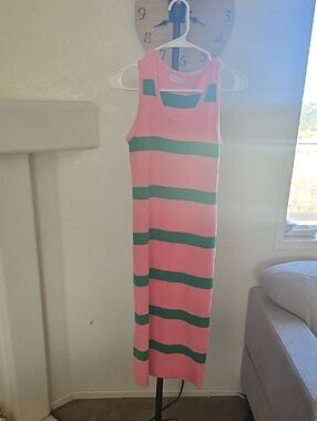 Pink Lily Coral Pink and Kelly Green Ribbed Tank Dress